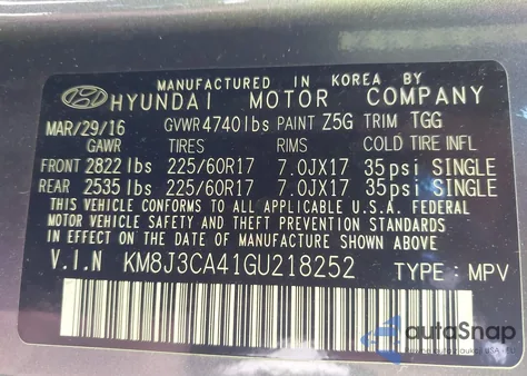 2016 Hyundai Tucson Se из США, поврежденный, VIN KM8J3CA41GU218252